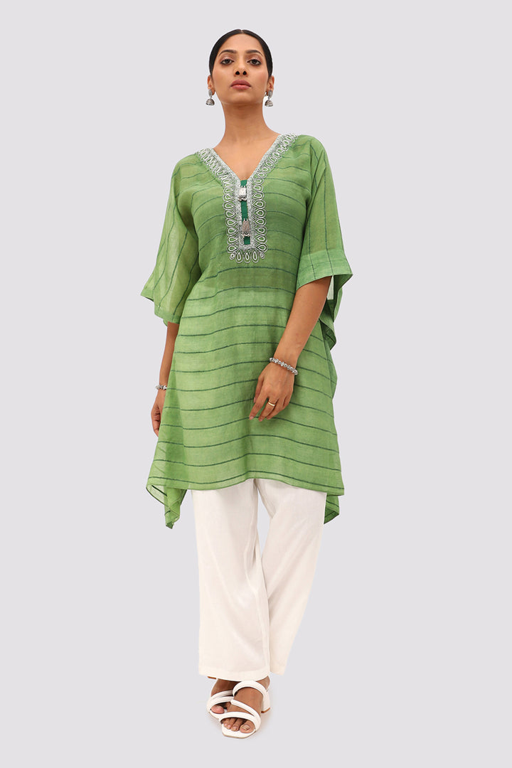 Green Textured  Embroidered Kaftan