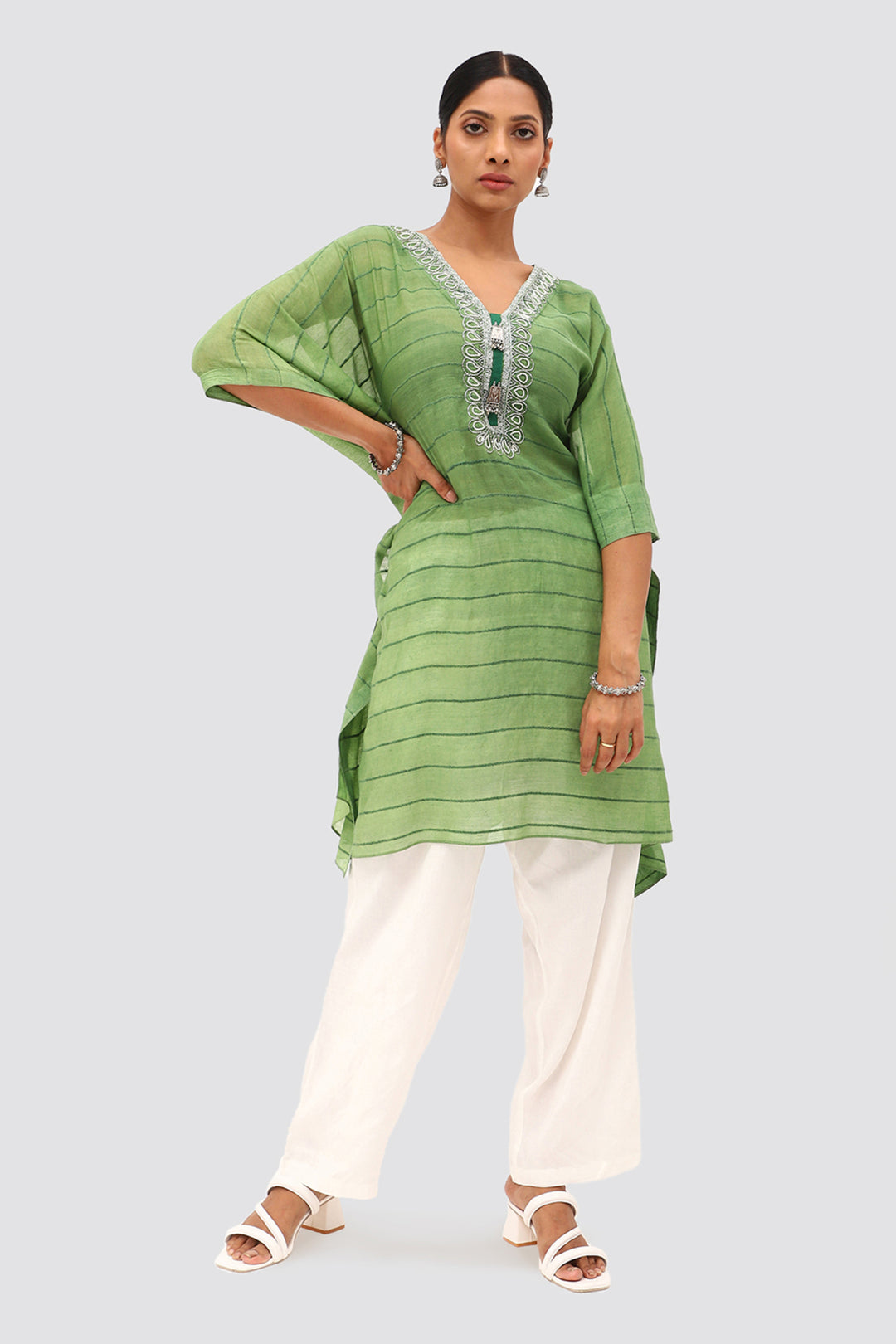 Green Textured  Embroidered Kaftan