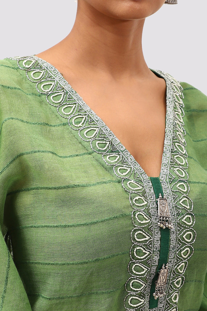 Green Textured  Embroidered Kaftan