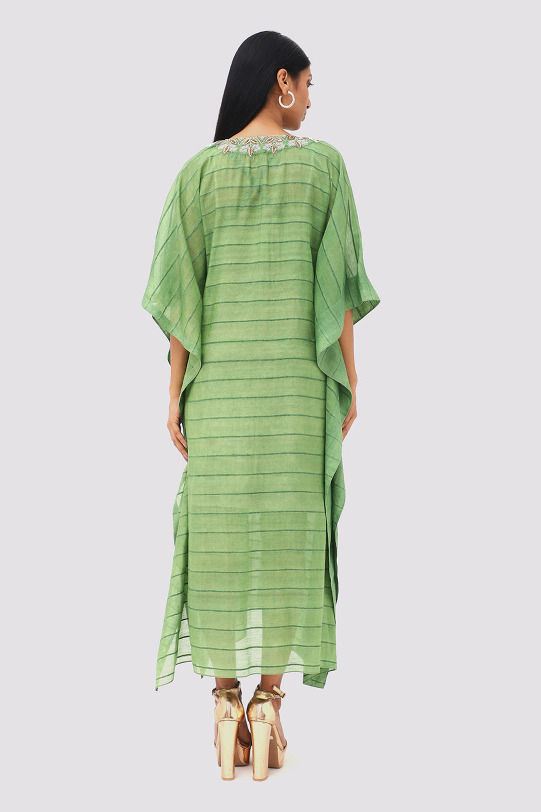 Green Stripe Textured  Embroidered Kaftan