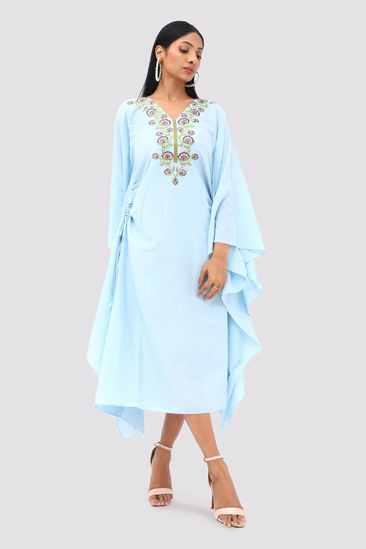 Light Blue Linen  Embroidered Kaftan