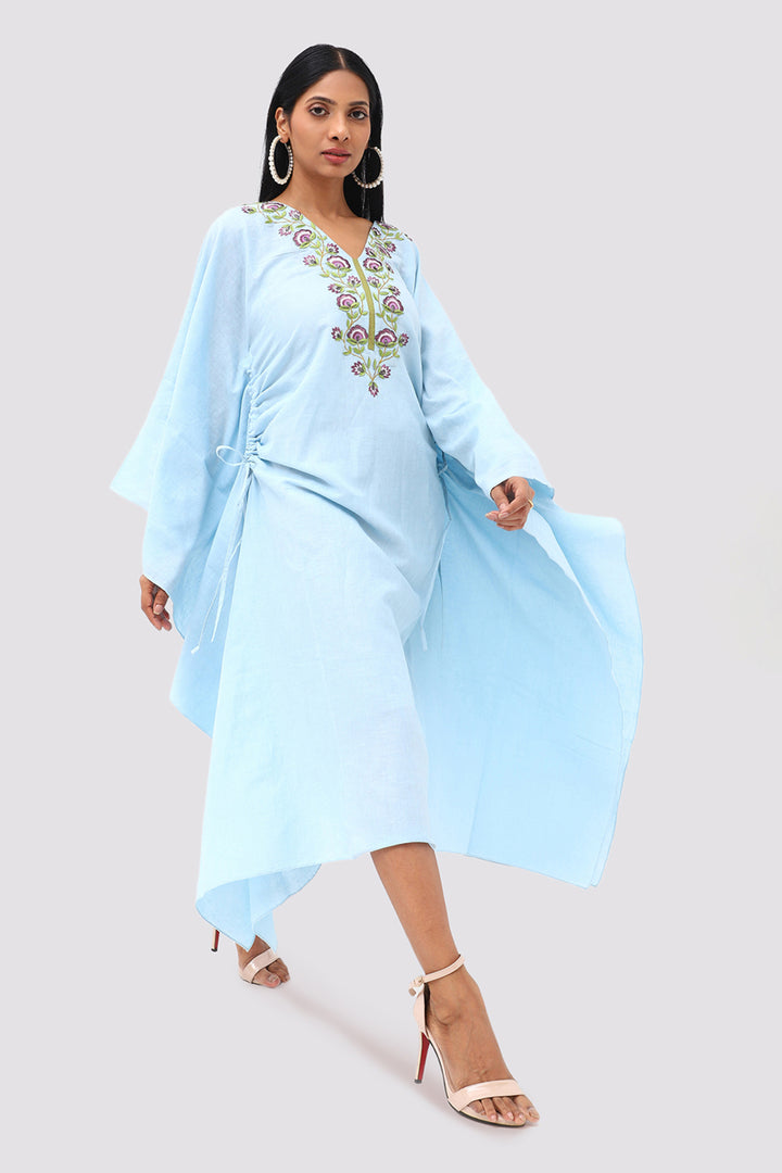 Light Blue Linen  Embroidered Kaftan