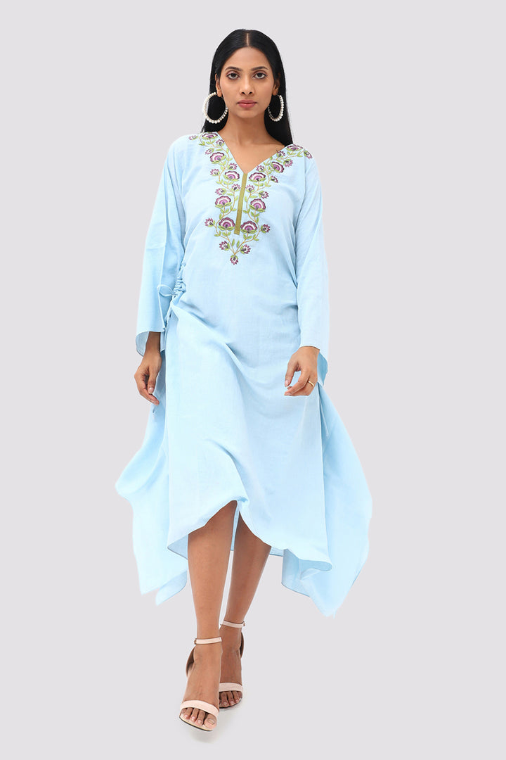 Light Blue Linen  Embroidered Kaftan