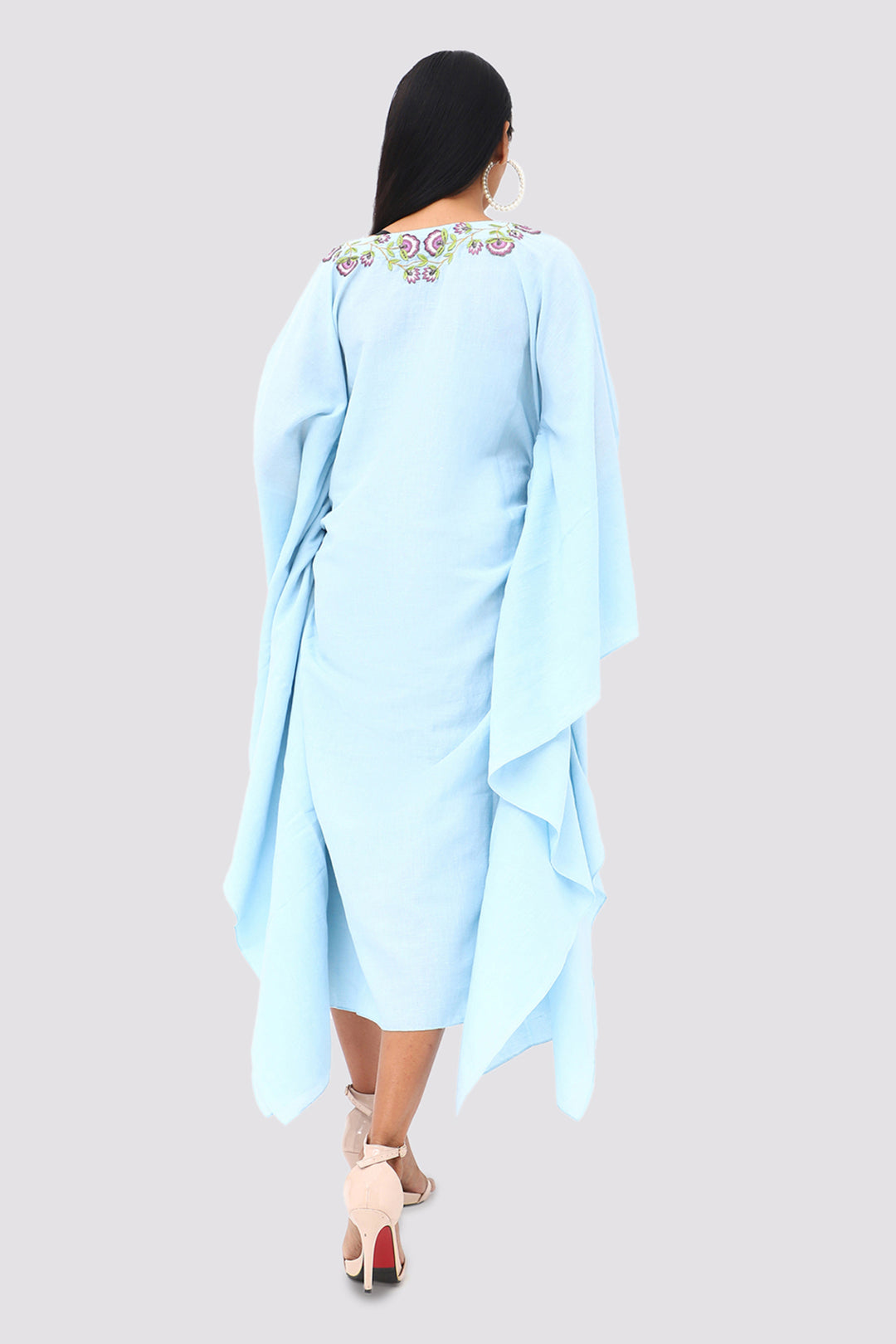 Light Blue Linen  Embroidered Kaftan