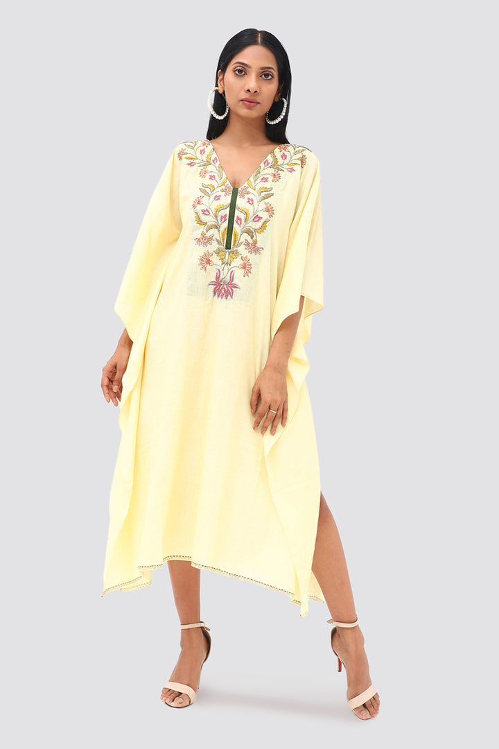 Light Yellow Multicolor  Embroidered Kaftan