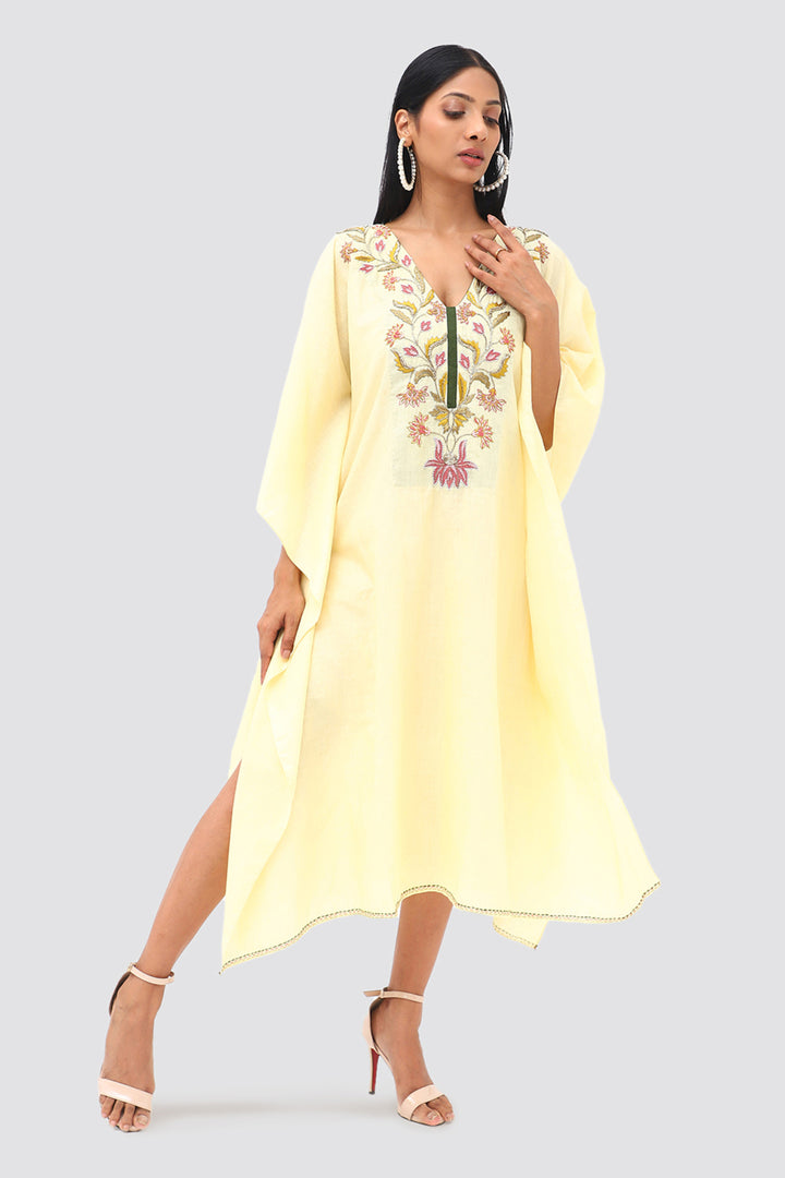 Light Yellow Multicolor  Embroidered Kaftan