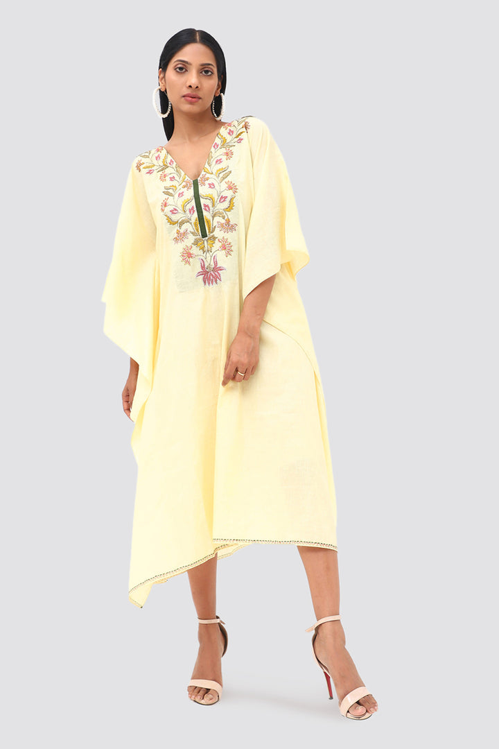 Light Yellow Multicolor  Embroidered Kaftan