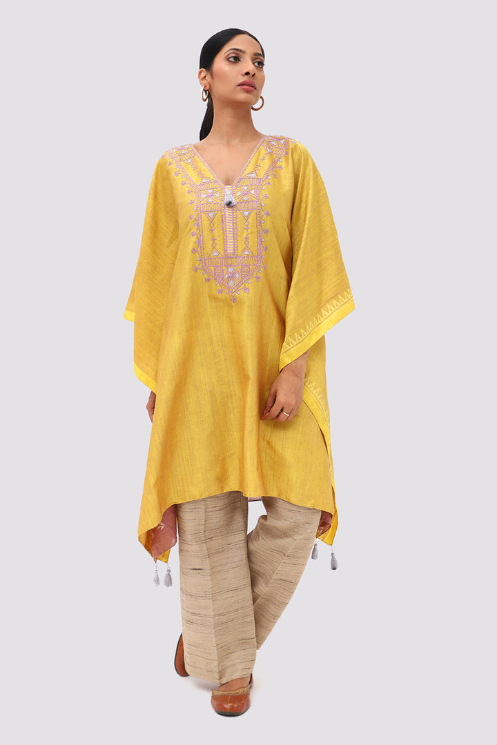 Mustard Silk Dori  Embroidery Kaftan