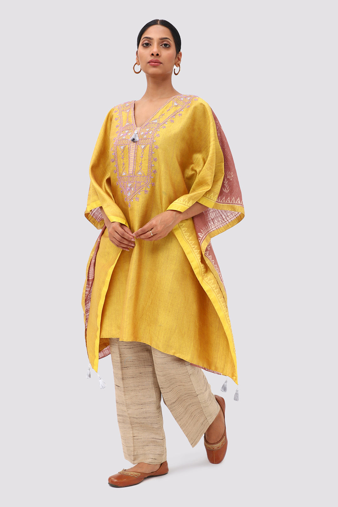 Mustard Silk Dori  Embroidery Kaftan