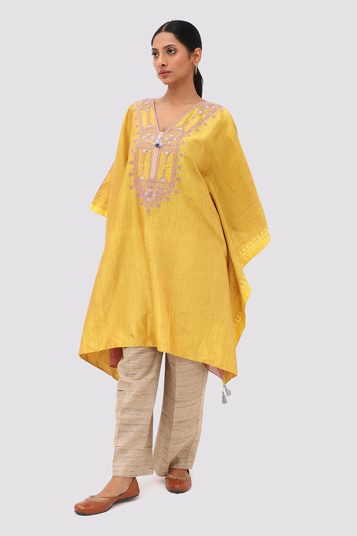 Mustard Silk Dori  Embroidery Kaftan