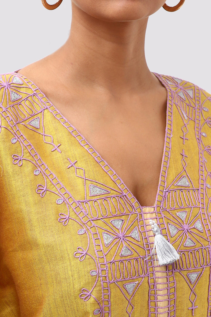 Mustard Silk Dori  Embroidery Kaftan